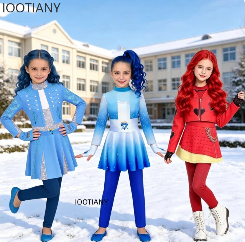 Фото Костюм для косплея Descendants Fantasia Red, детский комбинезон с перчатками Evie, наряд для женщин на вечеринку, Хэллоуин, карнавал, сценический костюм. №1