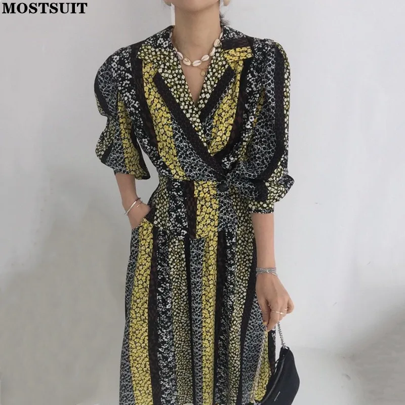 

Chic Vintage Notched Collar Patchwork Dress For Women Long Sleeve Pockets Slim Waist Female A-line Dress 2022 Spring