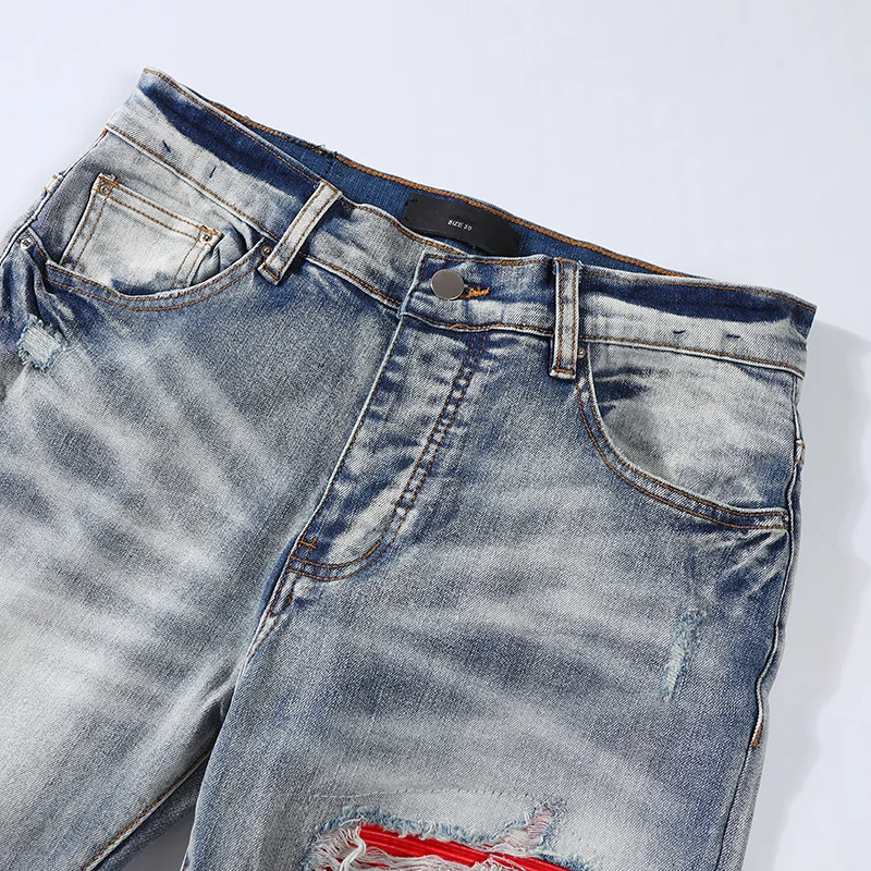 High Street Fashion Men Jeans Retro Light Blue Buttons Fly Stretch Skinny Ripped Jeans Red Patched Designer Hip Hop Brand Pants