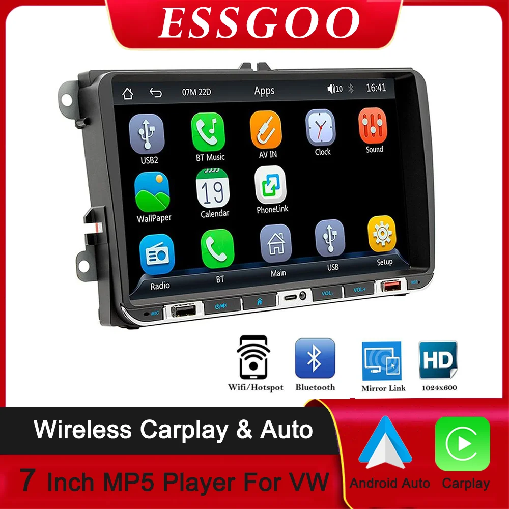 

ESSGOO Car Radio Multimedia Player 2 Din 7"/9" Android Auto Radio MP5 Apple Carplay DVD GPS For VW Skoda Golf Touran Passat Polo