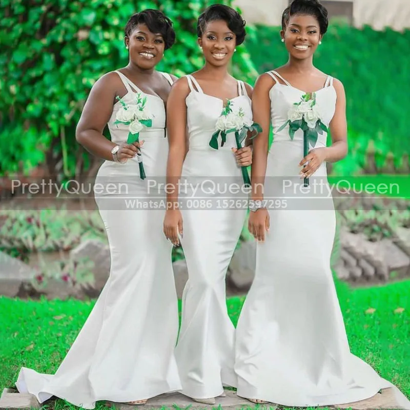 

Cheap Mermaid Bridesmaid Dresses With Double Spaghetti Straps White Satin Women Long Maid Of Honor Dress Party