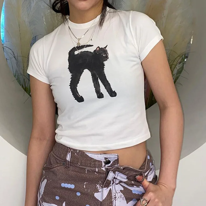 Укороченный белый женский топ с милым принтом базовая Повседневная футболка