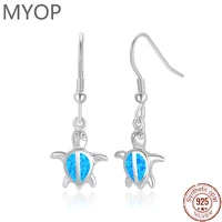 MYOP 925 Silver Female Cute Sea Turtle Drop Earrings Blue Fire Opal Stone Animal Earrings Charm Silver Dangle Earrings For Women