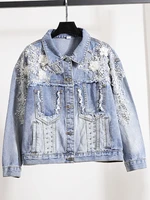 summer 2022 new solid color three dimensional flower decorative denim caot womens diamond beaded hand frayed jacket ladies