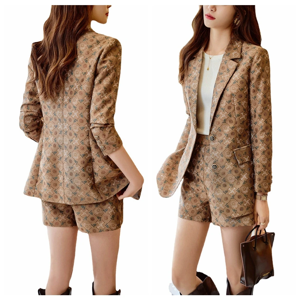 2023Spring Suit Elegant Single Breasted Slim Print Casual Blazer Jackets And Shorts Set Korean Femme 2 Piece Sets Women Outfits