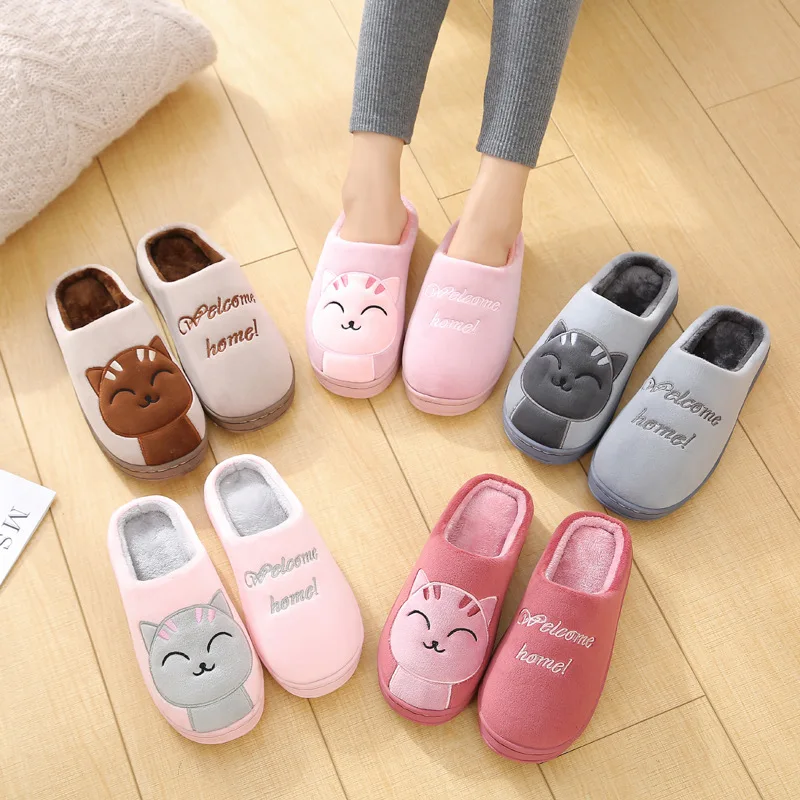 Women Winter Home Slippers Cotton Shoes Lovely Cartoon Cat Shoes Non-slip Soft Winter Warm House Slippers Indoor Bedroom Couples