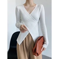 women sweater v neck crossed sweater long sleeve top womens spring and autumn light mature style slim bottomed sweaters