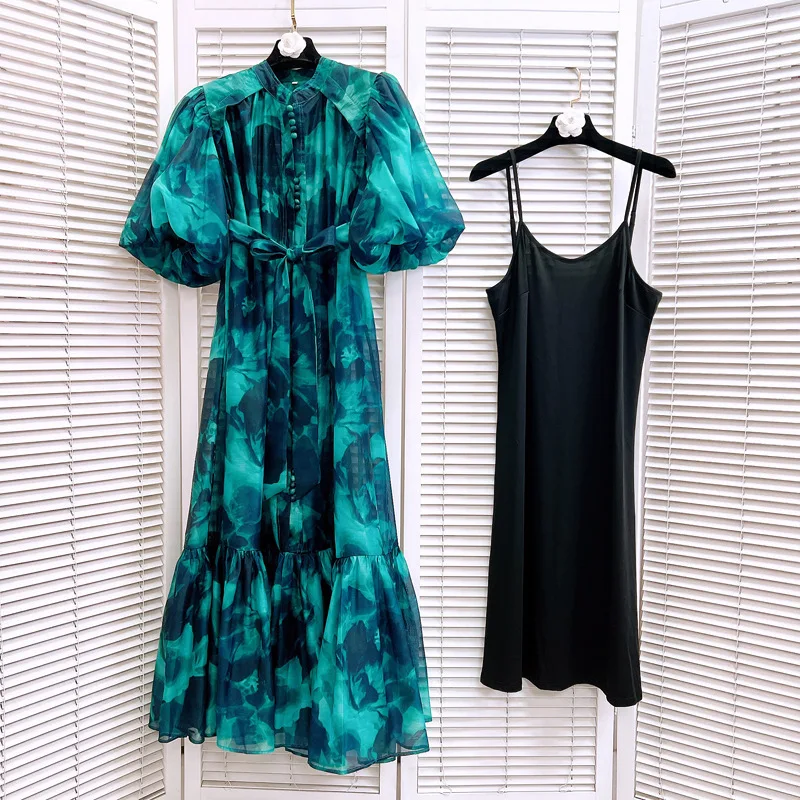 [zoci] Женское однобортное платье с круглым вырезом и принтом South Oil Beach Resort