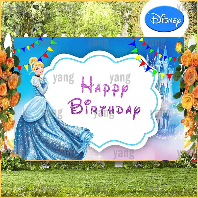 Lovely Disney Girls Princess Cinderella Flags Backdrop Happy Baby Shower Birthday Party Blue Castle Wedding Banner Background