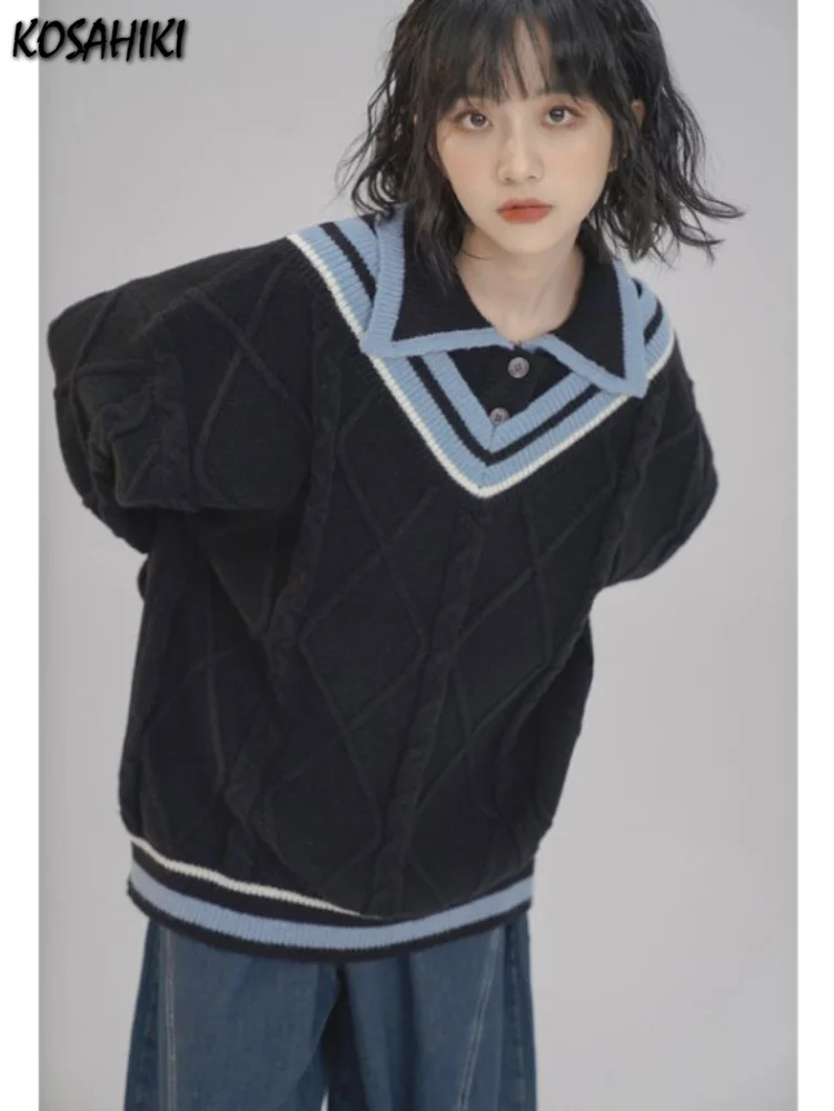 

Fake Two Pieces Vintage Sweater Streetwear Knitted Pullover Harajuku Loose Casual All-match Y2k Aesthetic Turn Down Collar Top