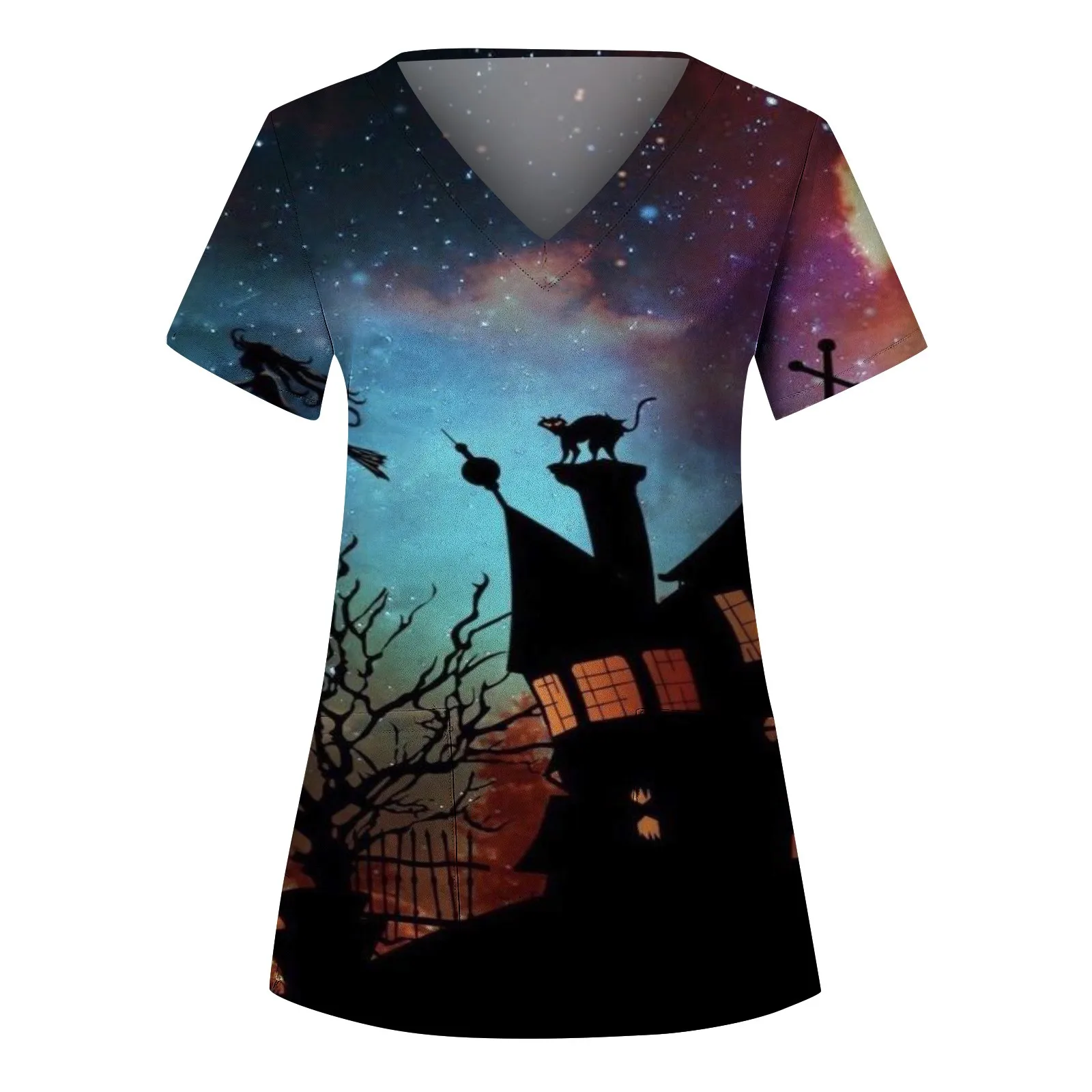 

Halloween Holiday Fun Pattern Nurse Uniform Blouse For Womens Short Sleeve V-Neck Working Scrubs Tops Nursing Accessories