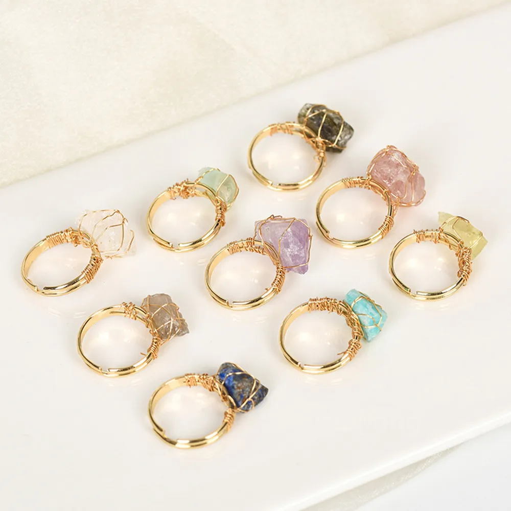 

Natural Stone Ring Ring Irregular Original Purple Crystal White Crystal Hand-Wound Silk Adjustable Ring