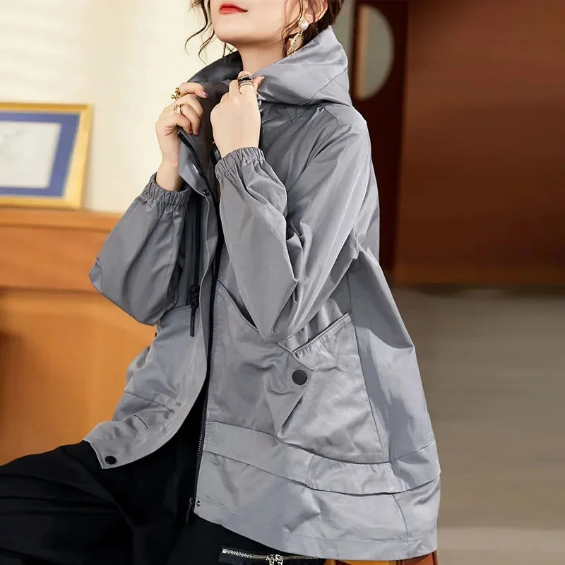 Women's Windbreaker Spring Autumn Loose Hooded Trench Coat Korean Casual Ladies Windbreaker Overcoat Basic Zipper Gary Outwear