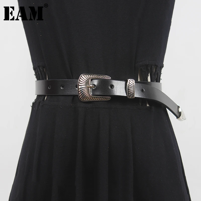 

[EAM] черный длинный широкий ремень из искусственной кожи с металлической пряжкой; Новинка; Модная женская универсальная обувь; Сезон весна-осень; 2023; 1DF1339