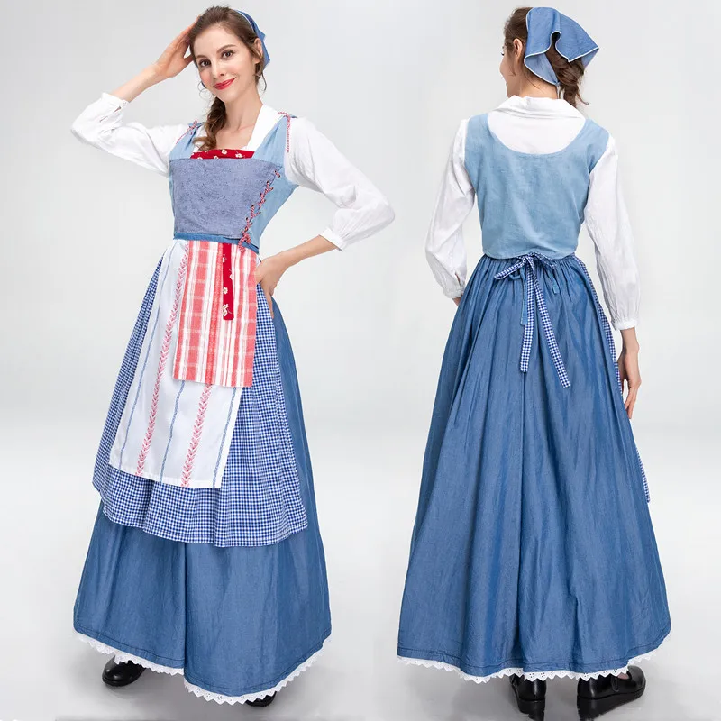 

Blue Plaid French Manor Maid Costume Retro Farm Girl Maid Long Dress Adult Cosplay Bavarian Oktoberfest Dirndl Costume