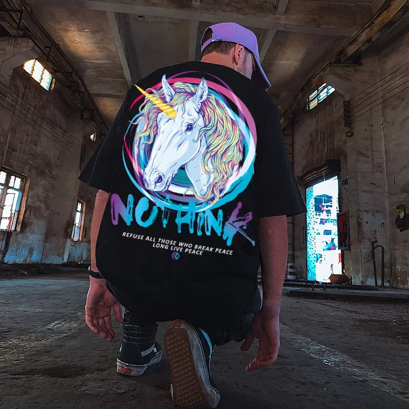 

Short Sleeve T-Shirt Oversize Y2K Streetwear Harajuku Anime Clothes Fashion Daily Wear Unicorn Graphic Men's 100% Cotton