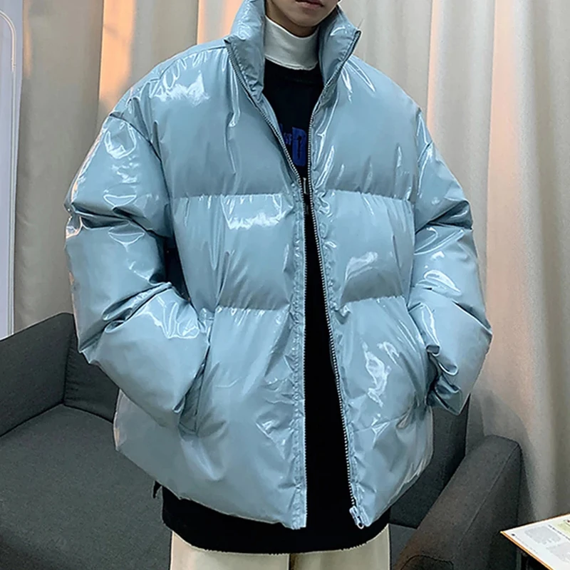 2021 Men Streetwear Hip Hop Blue Winter Bubble Jackets Coat Mens Harajuku Warm Parka Male Korean Fashions Puffer Jacket Shiny