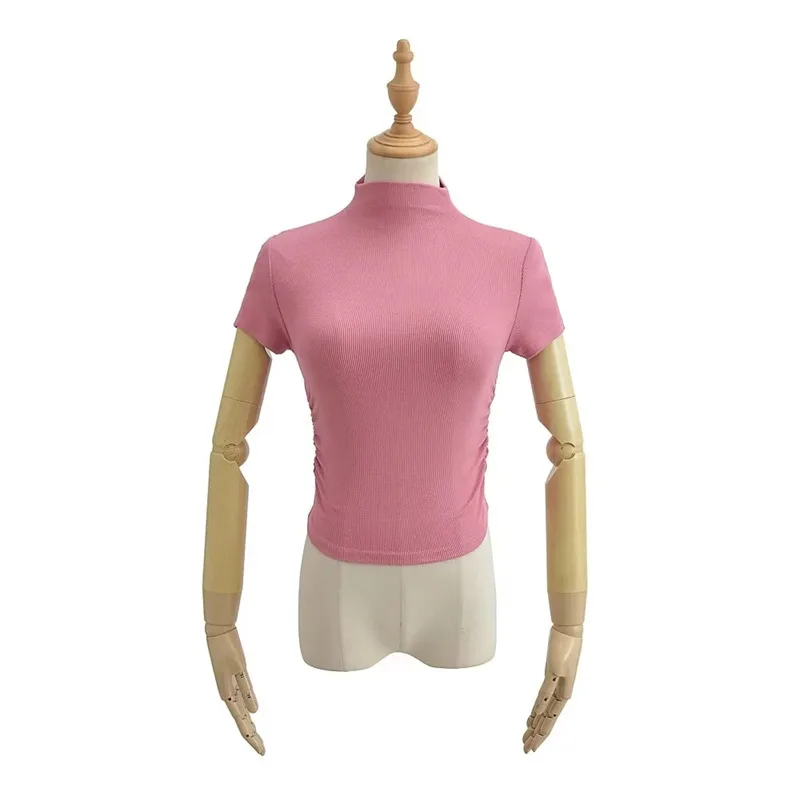 

Женская Винтажная футболка с коротким рукавом, однотонная Повседневная футболка с высоким воротником, сексуальный топ на лето 2023