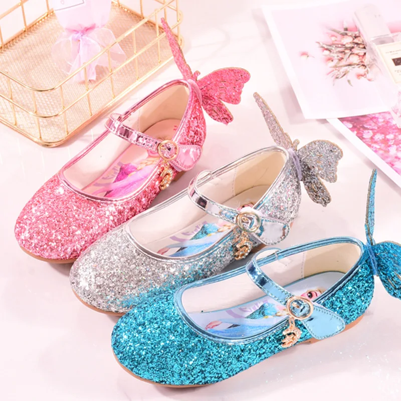 Туфли Принцессы Диснея Холодное сердце туфли с круглым носком блестящие Бабочка