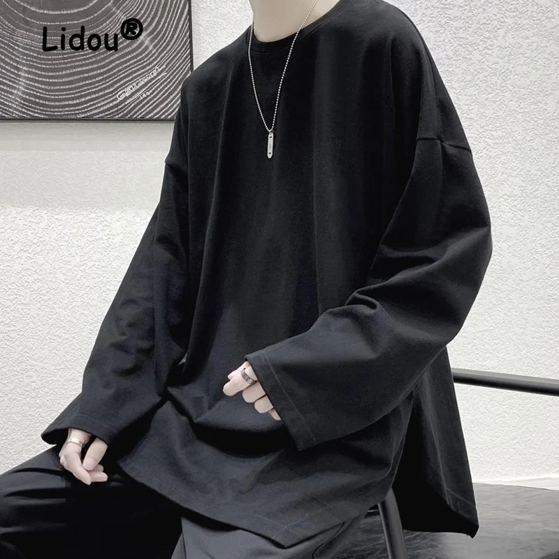 

Casual Solid Color Slit Male T-shirt New High Quality Long Sleeve O-collar Loose Street Hip Hop Fashion All-match Man Top 2022