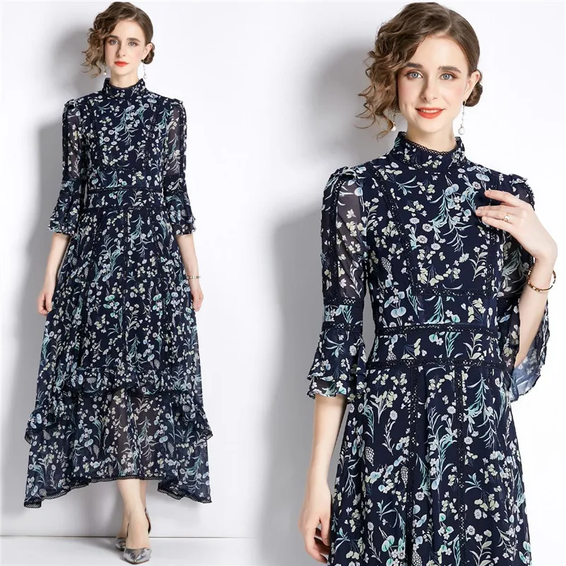 

Fashion Autumn Half Sleeve Women Floral Dresses Graceful Flounced Edge Party Robe Irregular Tunic Big Swing Elegenat Vestidos