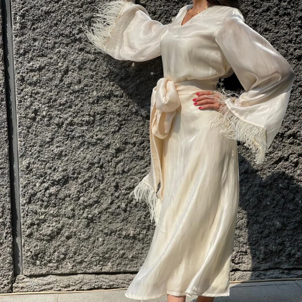 

Serendipity Satin Evening Dress Formal Occasion Ankle-Length Trumpet V-Neck White Feathers Prom Gown With Long Sleeve For Women