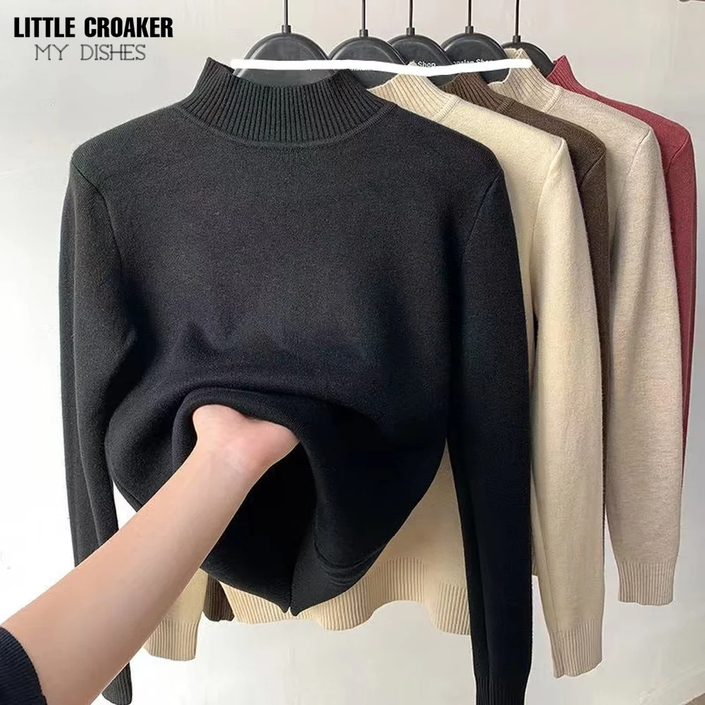 

Винтажный зимний свитер с высоким воротником, Повседневные вязаные пуловеры, модная одежда, простая теплая трикотажная одежда с флисовой п...