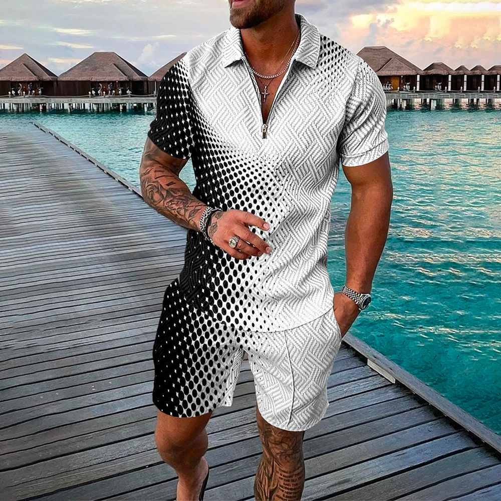 Summer Short sleeved Polo Shirt Beach Shorts 2 Piece Sets Tracksuit Men's Oversized 3D Printed Casual Sports Suit