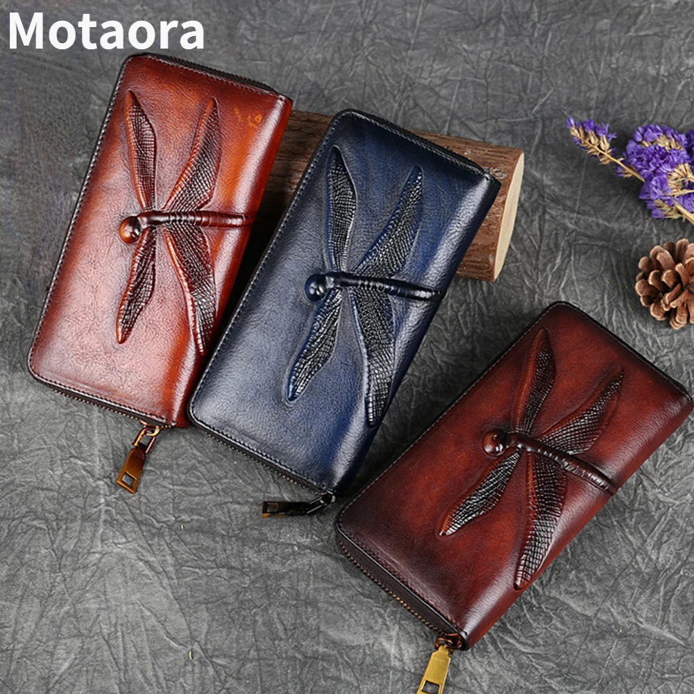 MOTAORA Retro Genuine Leather Women Wallet And Purses For Ladies Long Purse Luxury Women's Wallets For Card Money Phone Bag New