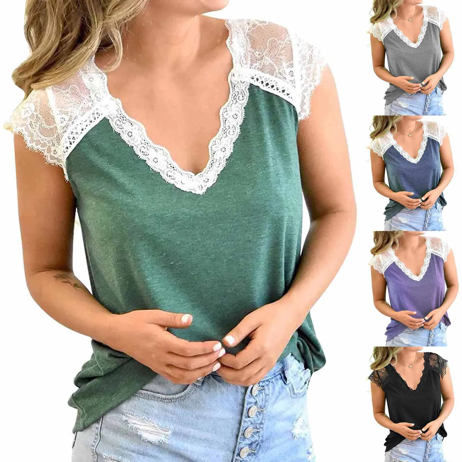 Ladies wearing casual lace stitching V-neck short sleeve stitching eyelash lace top for summer 2022 in Europe and America