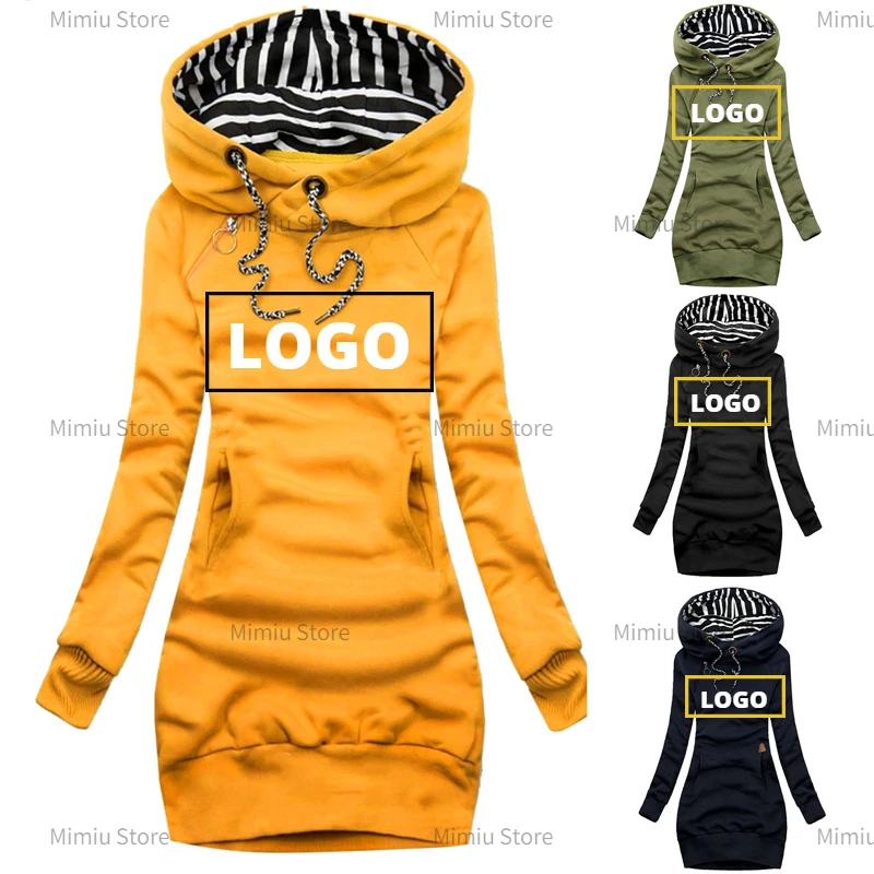 Custom LOGO Women Sweatshirt Brand Fashion Casual Pullover Hoodies Long Sleeve Dress Striped Hooded Tops Slim Long Hoodies