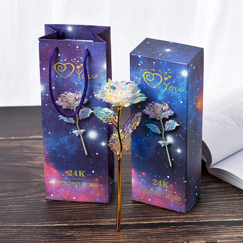 

Colorful Dazzling Valentine's Day Gift Starry Girlfriends' Teacher Wedding Home Decoration Purple Artificial Flowers Gold Roses