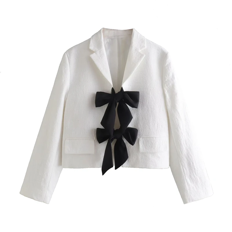 Autumn women's new French fashion small fragrance contrast color bow short suit jacket