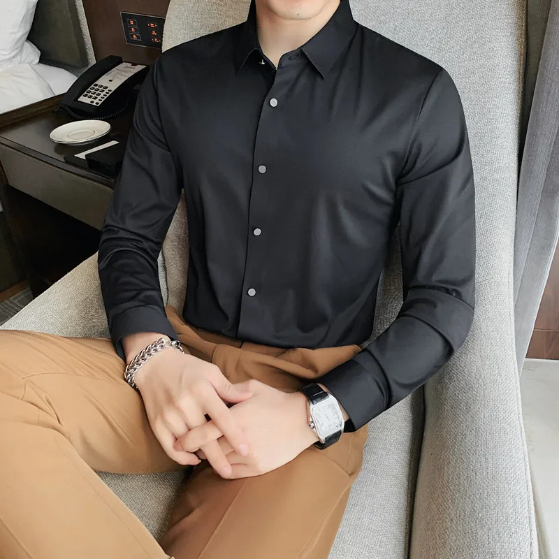 2022 High Elastic Seamless Ice Silk Men's Shirts Long Sleeve Solid Color Slim Casual Shirt Business Social Formal Dress Shirts