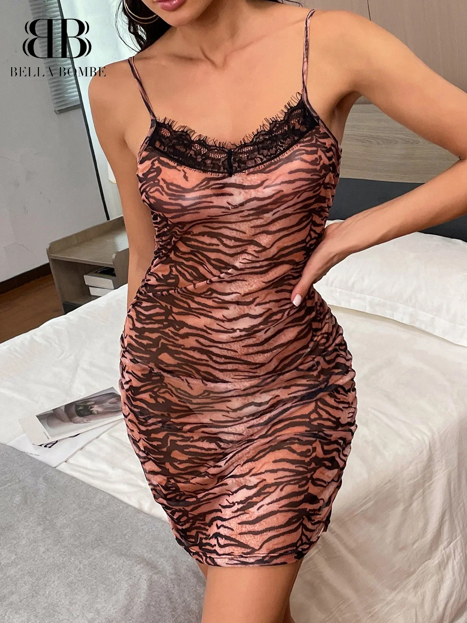 BELLA BOMBE Tiger Skin Print Eyelash Lace Trim Cami Night Dress Detail Bodycon Dress Sleepwear KF07