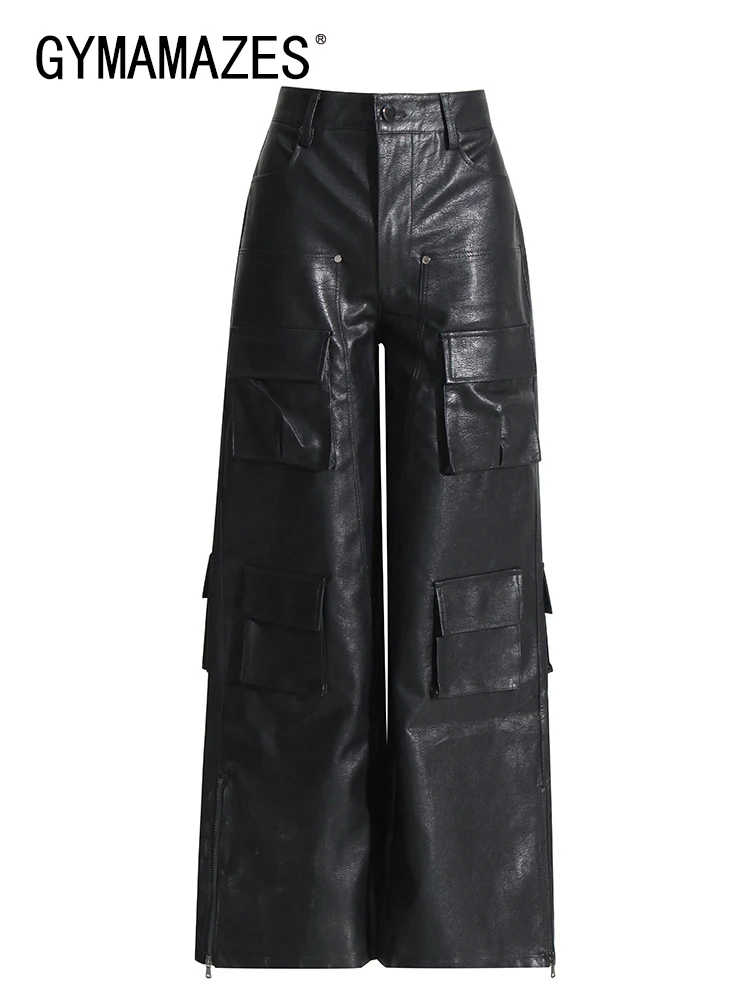 

Брюки GYMAMAZES женские с высокой талией, однотонные кожаные свободные штаны с карманами, на пуговицах, уличная одежда, брюки с широкими штанинами, в стиле пэчворк