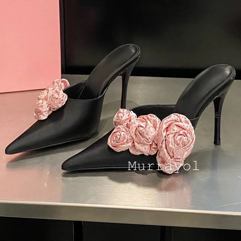 Новые атласные тапочки на тонком высоком каблуке с острым носком женские