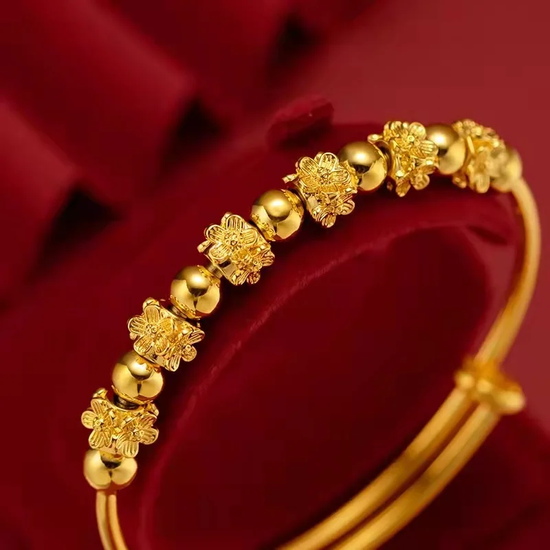 

14k Gold Real Gold Bead Lucky Flower Bracelet for Women Bride Wedding Engagement Exquisite Jewelry Gifts Never Fade 14 K Bangle
