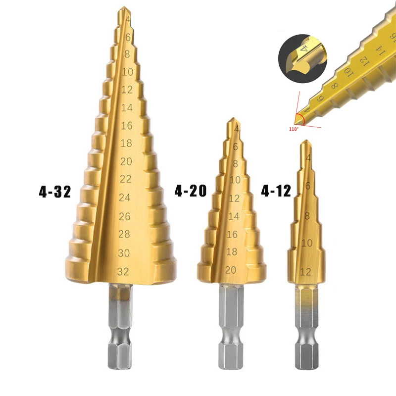 

Набор ступенчатых сверл, 4 -32 мм, из быстрорежущей стали с титановым покрытием, с шестигранным сердечником, конусное отверстие, для дерева