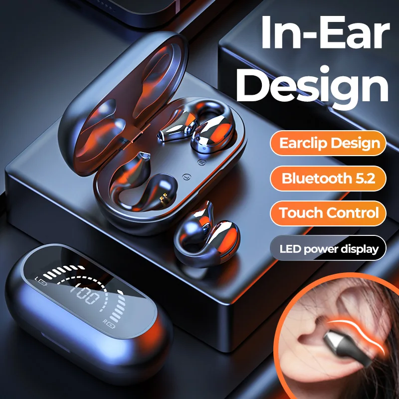 

TWS Drahtlose Kopfhörer Bluetooth 5,2 Knochen Leitung Kopfhörer Ohrclip Design Touch Control LED Ohrhörer Sport Headset