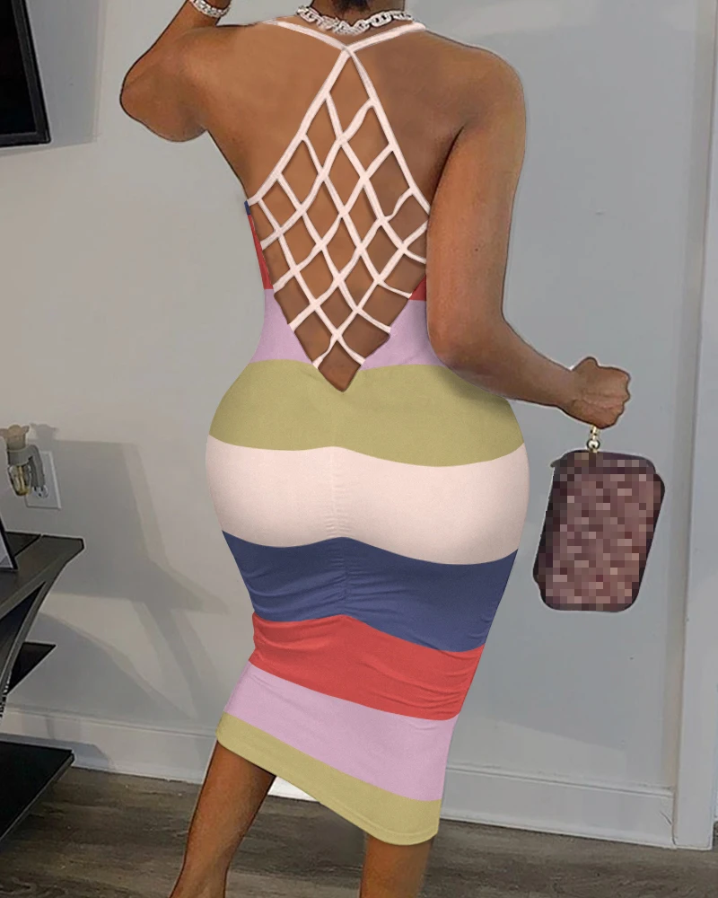 

Women Fashion Casual Sleeveless Midi Skinny Dress Striped Colorblock Fishnet Backless Sleeveless Bodycon Dress