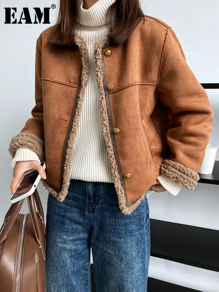 

[EAM] Loose Fit Orange Big Size Lambswool Jacket New O-neck Long Sleeve Women Coat Fashion Tide Autumn Winter 2023 1DF3520