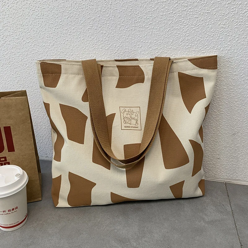 

Women's Fashion Geometric Canvas One Shoulde Tote Bag College Student Load Books Korean Style Zipper Literary Tote Bag for Women