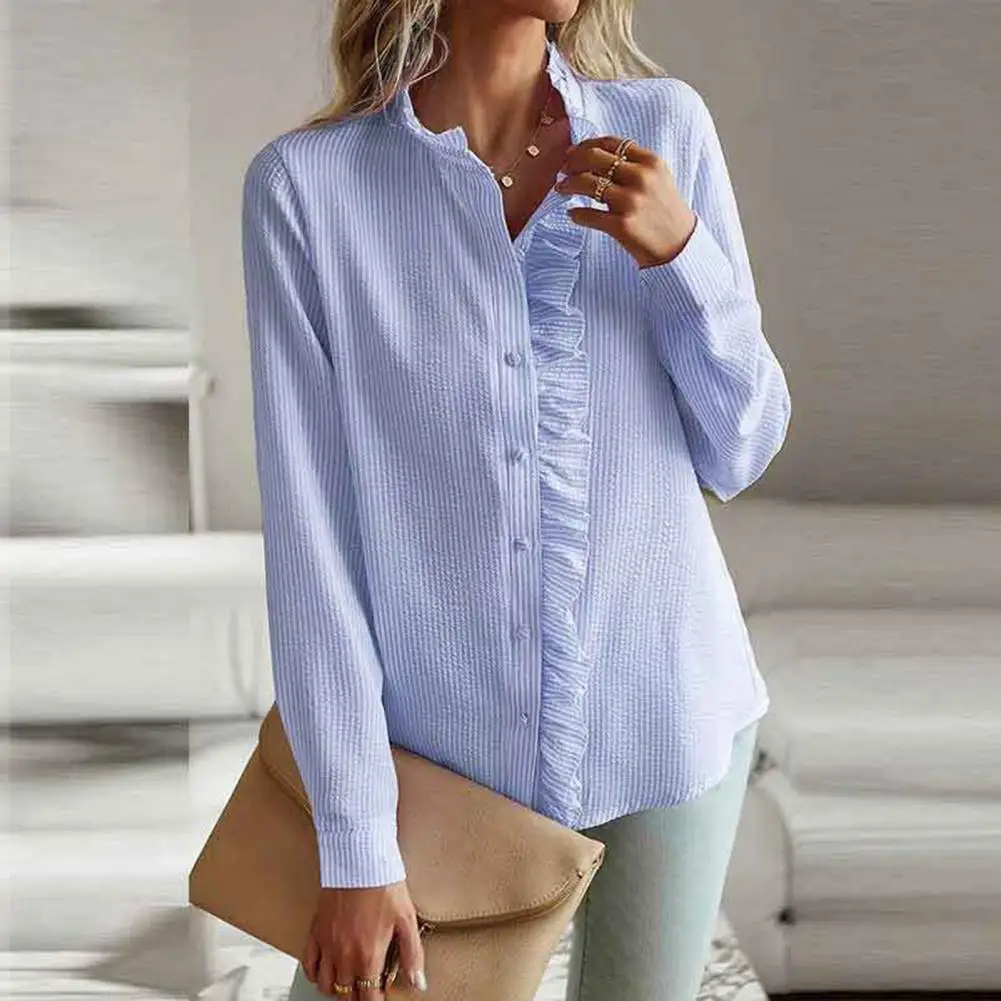 

Women Office Shirt Chic Lapel Collar Ruffle Patchwork Blouse Elegant Mid-length Buttoned Top for Women's Fall Spring Wardrobe