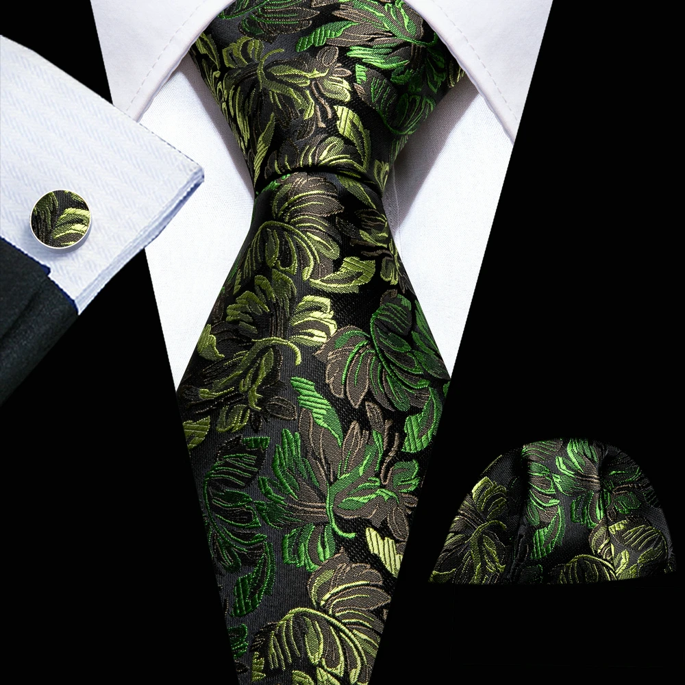

Fashion Green Black Floal Silk Tie for Men Necktie Handkerchief Cufflinks Set Wedding Business Barry. Wang Tie Pin Brooches 5945