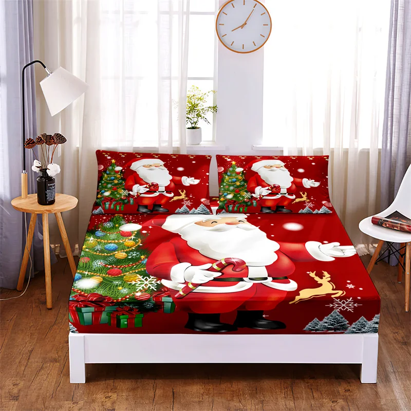 

Christmas Bedding Set Fitted Sheet Bed Cover Set Mattress Cover Four Corners Elastic Band Non Slip Bed Sheets and Pillowcases