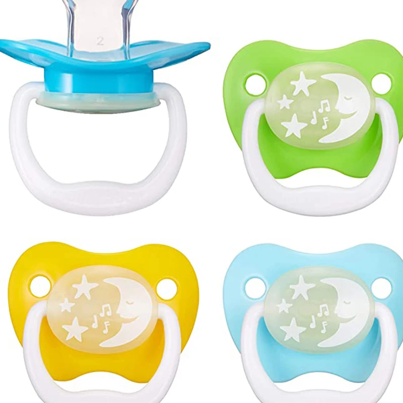 

Brand - Mama Bear Glow-in-the-Dark Baby Pacifier, Stage 2 (6-12M), BPA Free, Assorted Colors (Pack of 4)