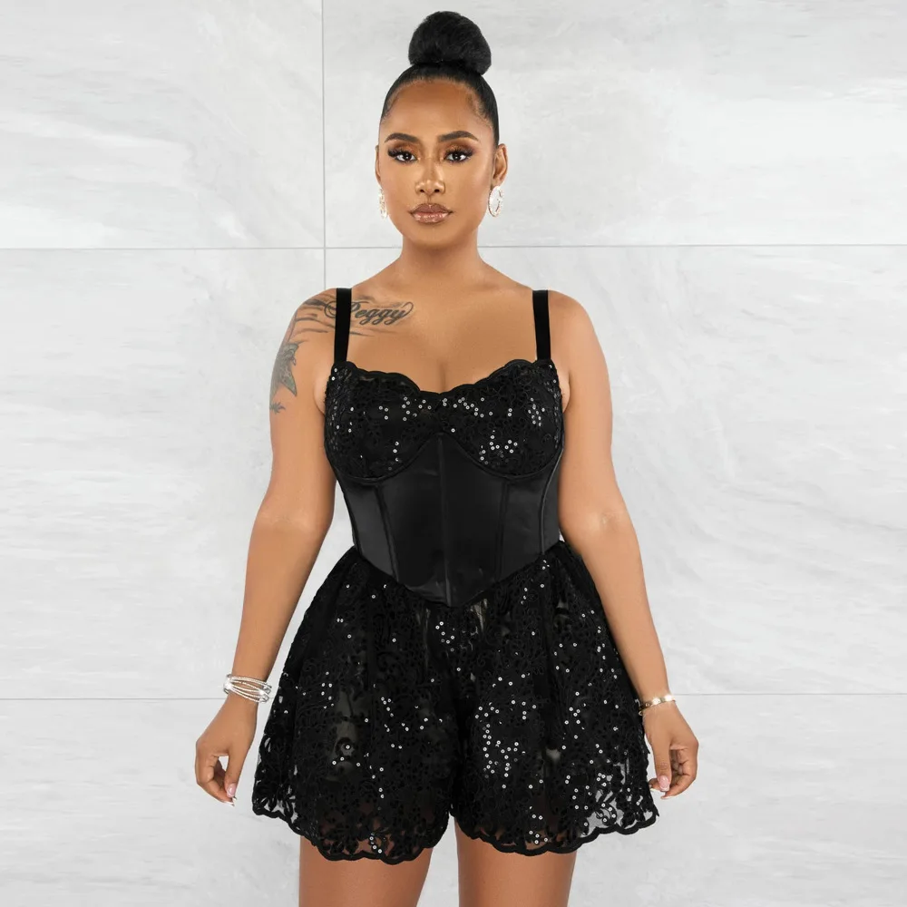 

Women Sequined Sleeveless Strap Tunic Romper Jumpsuit 2023 Summer Sexy Party Flare One Piece Set Playsuit