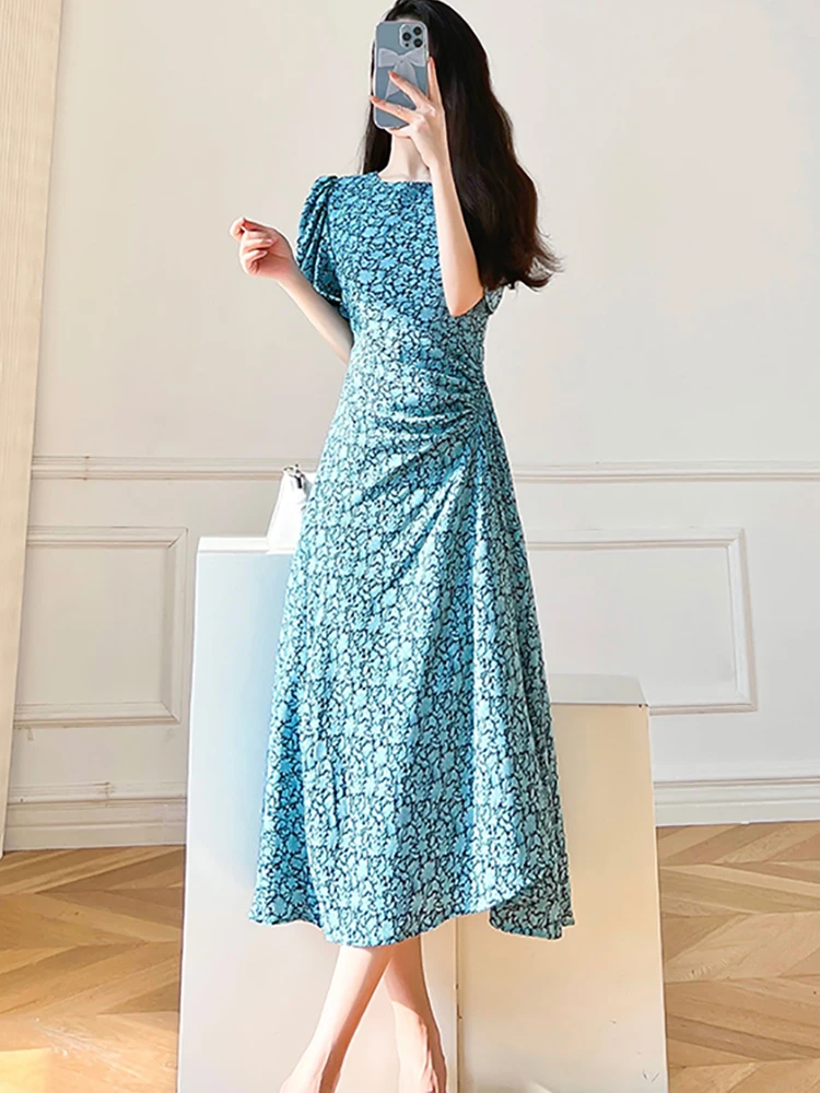 

Женское шифоновое платье с синим принтом, повседневное пляжное длинное облегающее платье в Корейском стиле для выпускного вечера, модель 2023 года