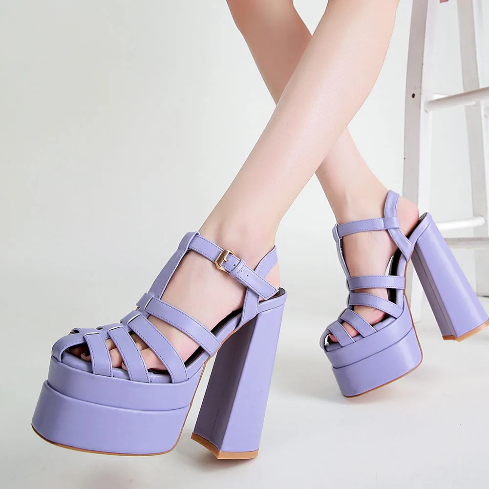 

Brand New Fashion Female Gladiator Sandals For Women Double Platform Block High Heels Summer Shoes Cutout Punk Slingback Shoes